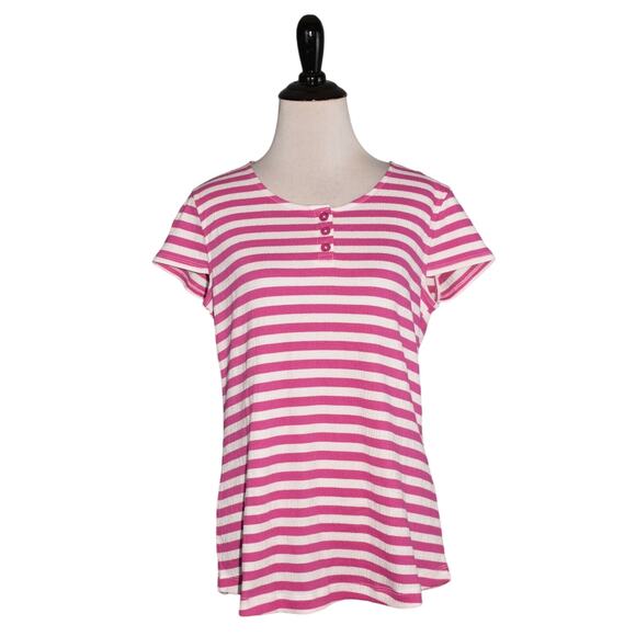 DENIM & CO. NEW $39 Striped Knit Gauze Scoop Neck Henley Top Orchid Pink XXS - Picture 1 of 4
